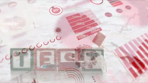 Animation of infographic interface and infected cells over test text in cubes Video stock 330175069