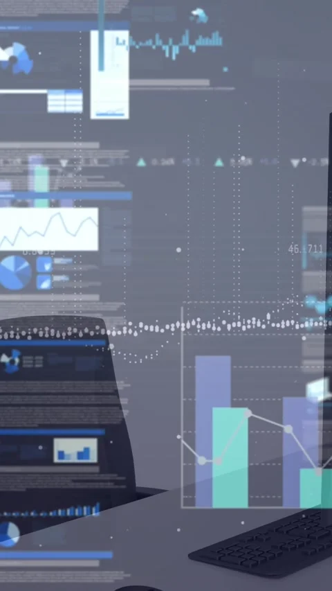 Animation of infographic interface and numbers over desktop computer on desk and Stock Footage 321580459