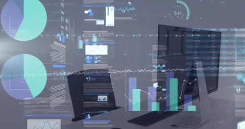 Animation of infographic interface and numbers over desktop computer on desk and Stock Footage 327277828