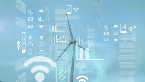Animation of infographic interface with application icons over spinning windmill Stock Footage 204953586