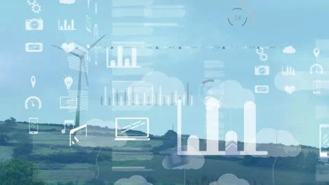 Animation of infographic interface with computer icons over windmill spinning on Stock Footage 326033783