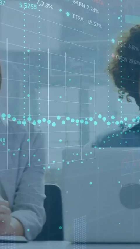 Animation of infographic interface, diverse colleagues reading documents and Stock Footage 343082710