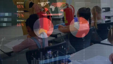Animation of infographic interface, diverse firefighter explaining students Stock Footage 330771909