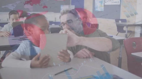 Animation of infographic interface, diverse teacher helping girl in using Stock Footage 330584213