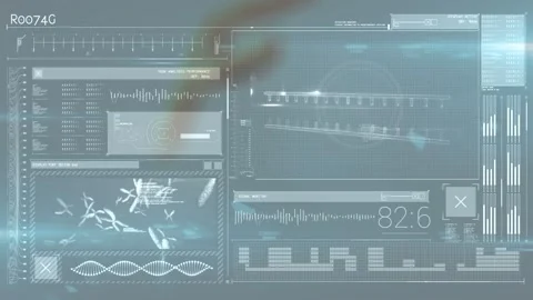 Animation of infographic interface with f alphabet, dna helix and glowing flare Stock Footage 329769849
