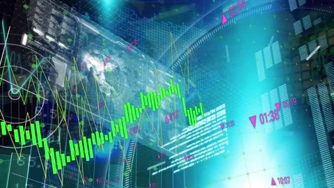 Animation of infographic interface with graphs, programming language, globe over Stock Footage 330105239