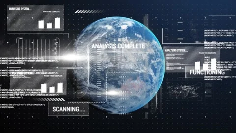 Animation of infographic interface with lens flare over rotating globe in galaxy Stock Footage 329978182