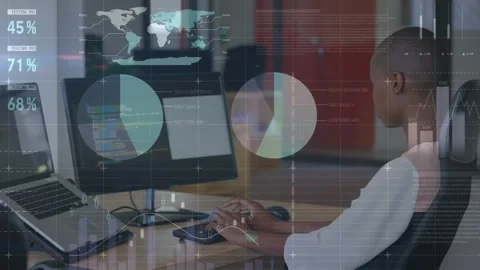 Animation of infographic interface over african american female programmer Stock Footage 330061479