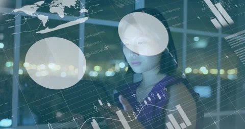 Animation of infographic interface over asian woman looking through window and Stock Footage 327447635