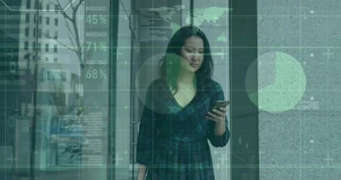 Animation of infographic interface over asian woman scrolling on smartphone Stock Footage 328358151