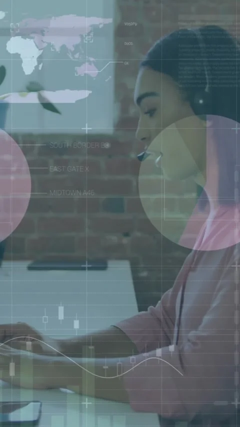 Animation of infographic interface over asian customer representative working on Stock Footage 342612296