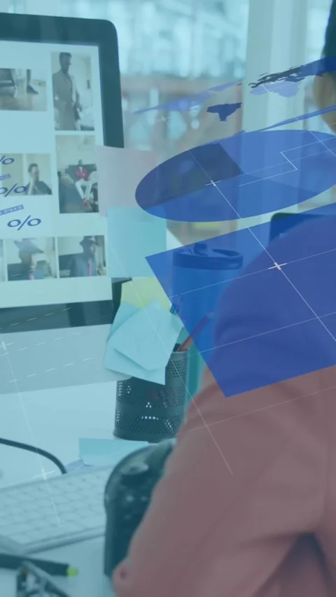 Animation of infographic interface over asian female photographer transferring Stock Footage 344783563