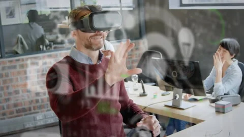 Animation of infographic interface over businessman using vr headset and Stock Footage 330468916