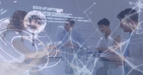 Animation of infographic interface over caucasian manager discussing with Stock Footage 329225401