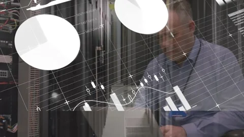Animation of infographic interface over caucasian male engineer checking server Video stock 329225578