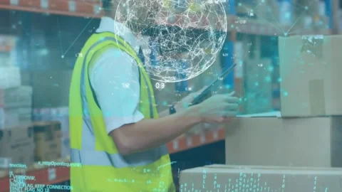 Animation of infographic interface over caucasian worker with tablet examining Stock Footage 329766173