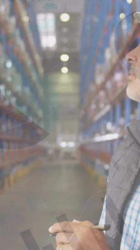 Animation of infographic interface over caucasian man checking inventory in Stock Footage 344636414