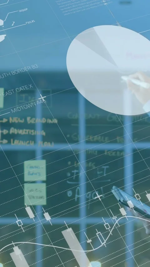 Animation of infographic interface over caucasian man explaining strategy on Video stock 344775029