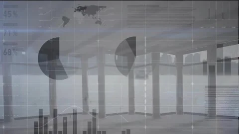 Animation of infographic interface over city view through glass windows of empty Stock Footage 257068526