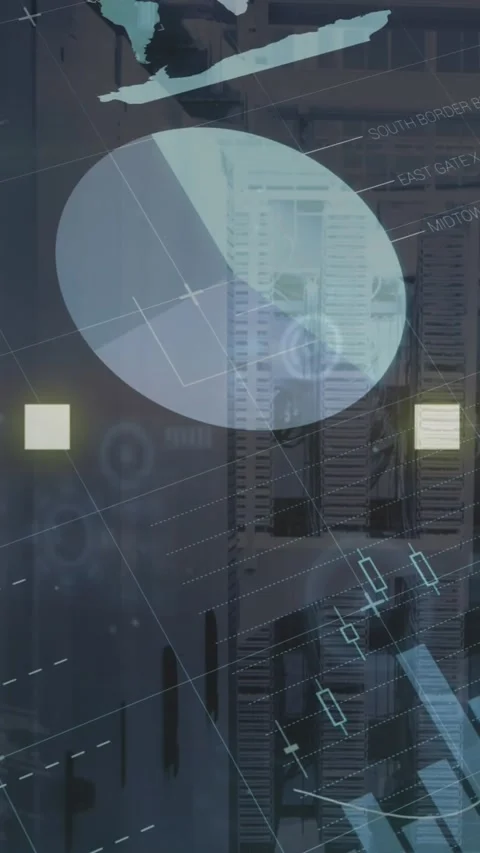 Animation of infographic interface over connected dots over data server racks in Stock Footage 344557778