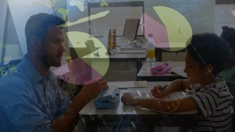 Animation of infographic interface over diverse male teacher taking dictation of Stock Footage 328155023