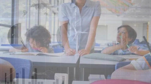 Animation of infographic interface over diverse female teacher teaching students Stock Footage 329414849