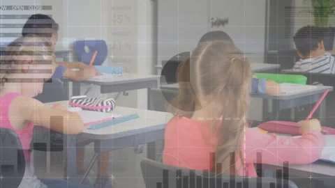 Animation of infographic interface over diverse students studying in classroom Stock Footage 330248506