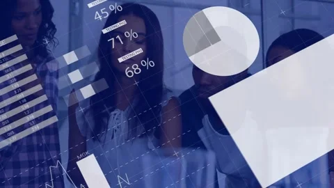 Animation of infographic interface over diverse coworkers sharing ideas in Stock Footage 330407709