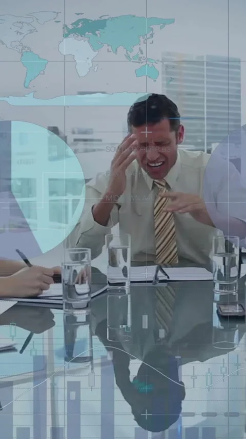 Animation of infographic interface over diverse frustrated man shouting at Stock Footage 341956085