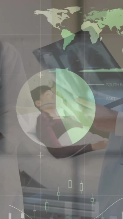 Animation of infographic interface over diverse female doctors discussing Stock Footage 343779674
