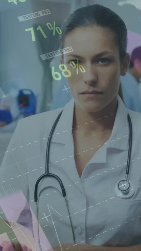 Animation of infographic interface over doctor with notepad standing in hospital Stock Footage 321172439