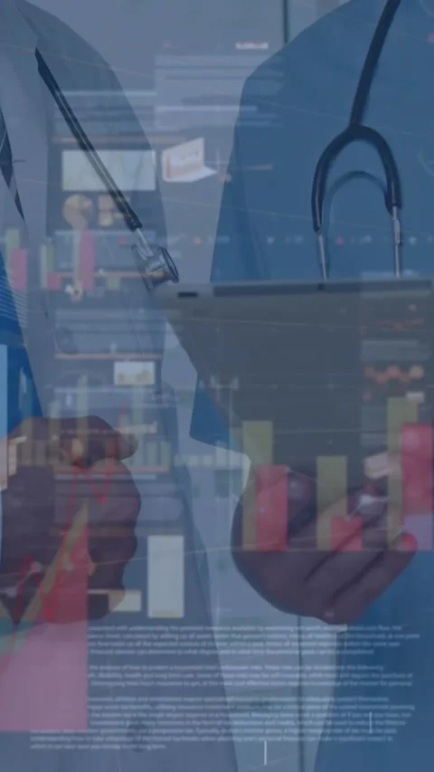 Animation of infographic interface over midsection of diverse doctors discussing Stock Footage 344557482