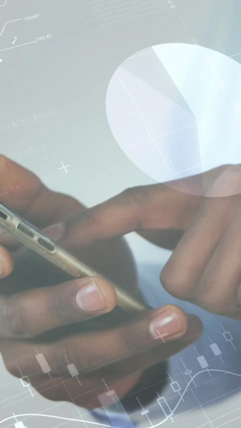 Animation of infographic interface over midsection of man swiping on cellphone Stock Footage 344746137