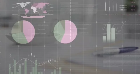 Animation of infographic interface over pen, notepad and coffee cup on desk Stock Footage 327280477
