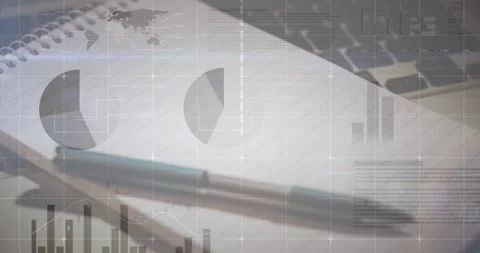 Animation of infographic interface over pen on notepad with keyboard Stock Footage 327961906