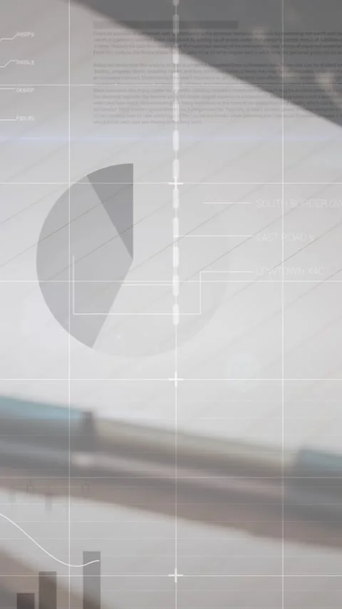 Animation of infographic interface over pen on notepad with keyboard Video stock 344766123