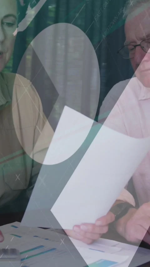 Animation of infographic interface over senior caucasian couple analyzing Vídeo Stock 344766073