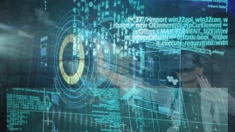 Animation of infographic interface over smiling caucasian boy using vr headset Stock Footage 327847555