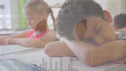 Animation of infographic interface over tired boy sleeping on bench in classroom Stock Footage 330659755