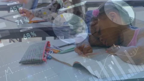 Animation of infographic interface over tired african american girl slept while Stock Footage 330735906