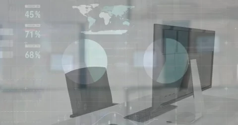 Animation of infographic interface over unoccupied chair and computer and Stock Footage 330594043