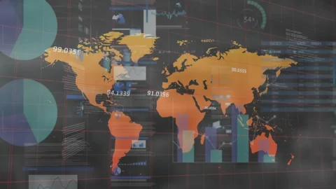 Animation of infographic interface over world map and trading board against grid Stock Footage 327122757