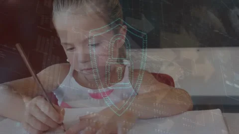Animation of infographic interface with padlock in shield over caucasian girl Stock Footage 330171522