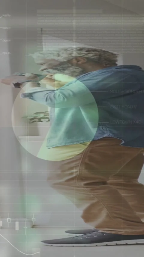 Animation of infographic interface, senior caucasian man talking on cellphone Stock Footage 344783910