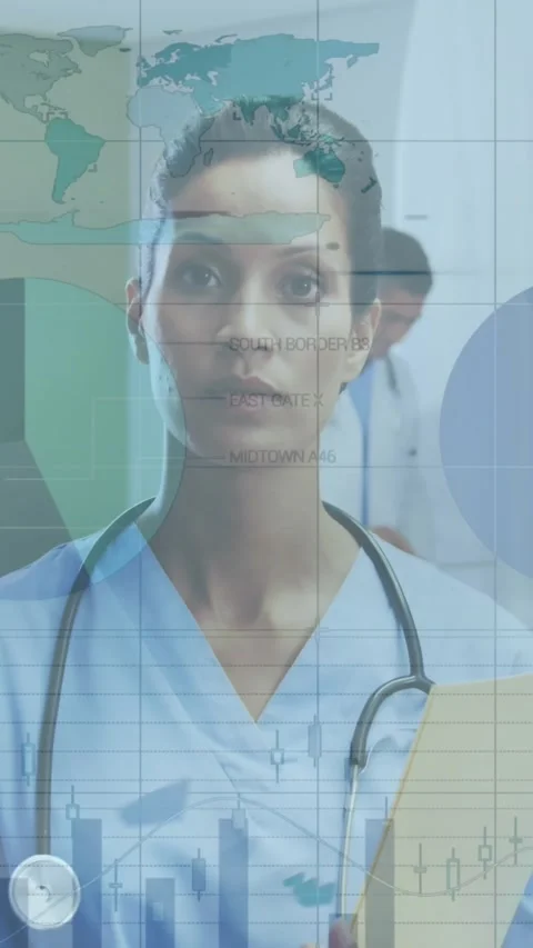 Animation of infographic interface, smiling female doctor with notepad standing Video stock 343828938
