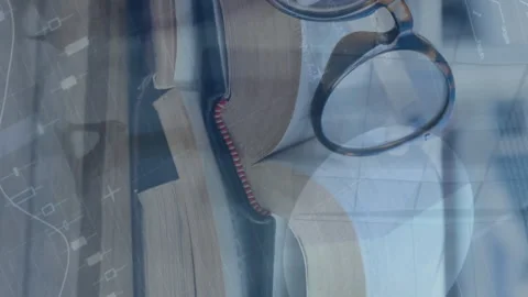 Animation of infographic interface, spectacles on book over time lapse of Stock Footage 312366256