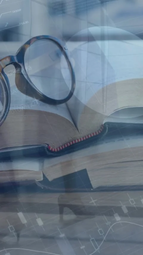 Animation of infographic interface, spectacles on book over time lapse of Stock Footage 320984079