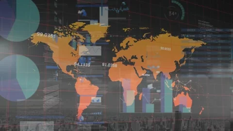 Animation of infographic interface, trading board, digits, codes and map over Stock Footage 330657981