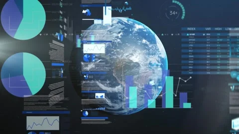 Animation of infographic interface with trading board over rotating globe Stock Footage 330661873