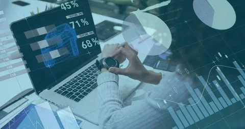 Animation of infographic interface, woman using smartwatch while working on 3d Stock Footage 329127467